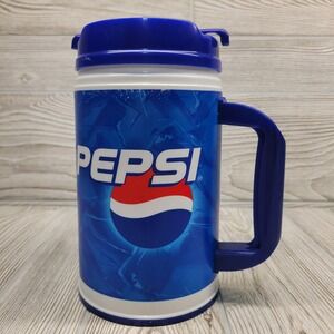 Pepsi Insulated Travel Mug 32oz Blue Whirley Plastic Soda Pop Cup Handle Vtg